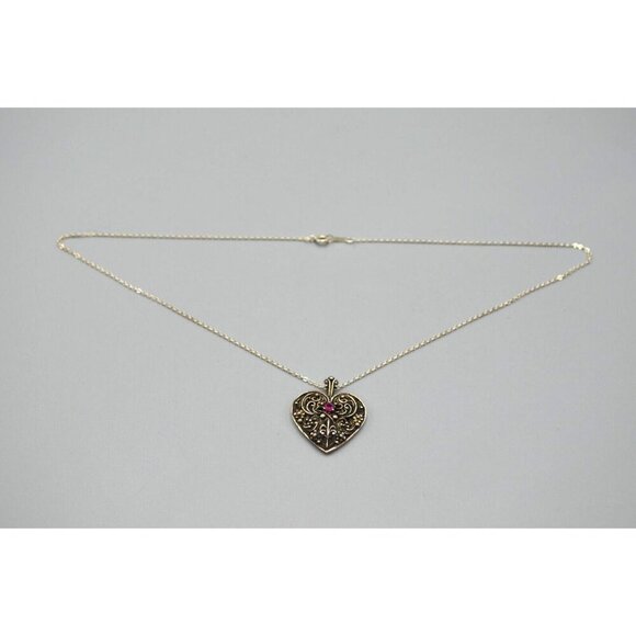Sterling Silver Heart Pendant w Ruby Stone FM 83 Franklin Mint Filigree 925 - Picture 2 of 11